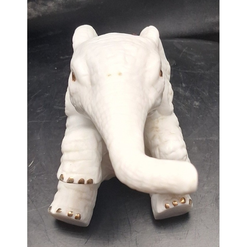 White Bisque Porcelain Elephant Figurine‎ Gold Accents Trunk Up Lucky Decor